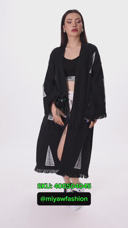 Boho Black White Pyramid Stamped Cotton Kimono Robe | Beach Cover-Up - Miyawfashion