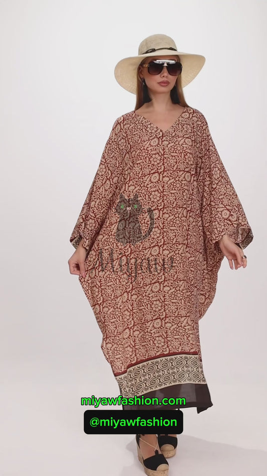 Bat Wing Maxi Dress in Brown, Long Sleeve Flowy Dress - Miyawfashion