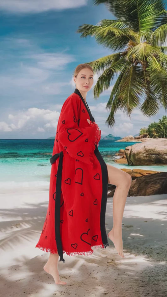 Handcrafted Red Valentine's Day Kimono Robe with Heart Design - Wholesale Ready