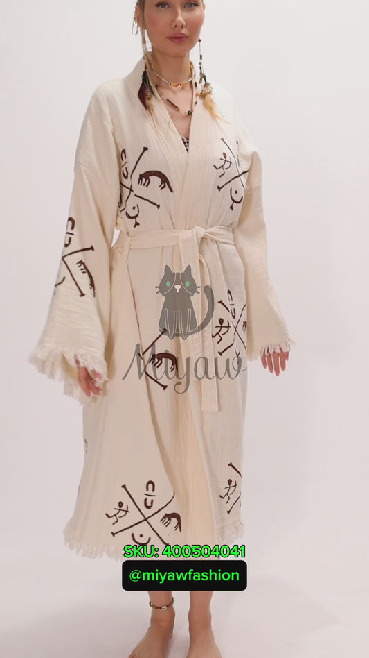 Boho Handcrafted Aztec-stamped Beach Kimono - Long Sleeve Bathrobe for Bohemian Lovers - Miyawfashion