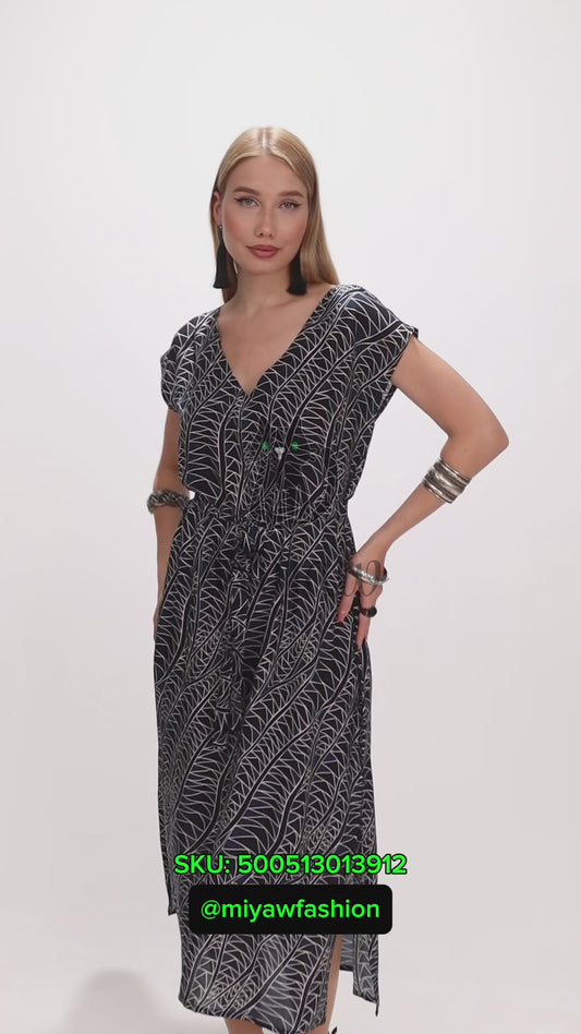 Stylish Black Maxi Dress with Geometric Print - Resort Wear - Miyawfashion