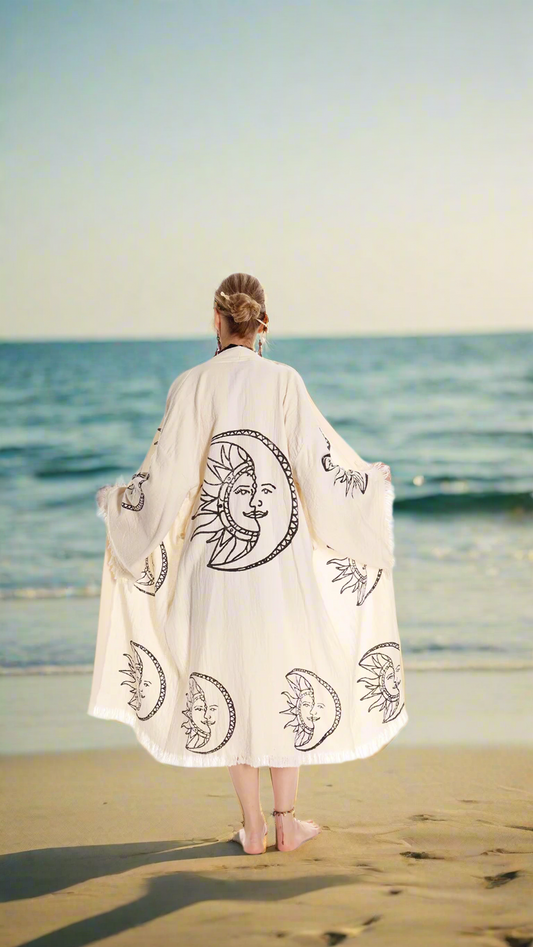 Boho Moon and Sun Print Organic Cotton Kimono Robe for Beach Days - Miyawfashion