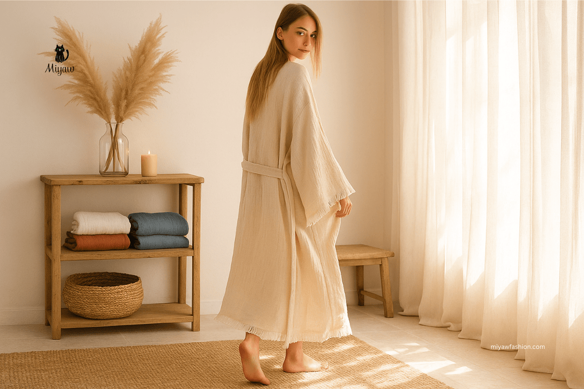 A serene morning scene showcasing a woman wearing a soft, organic cotton bathrobe by Miyawfashion. The breathable, lightweight fabric drapes naturally over her body.