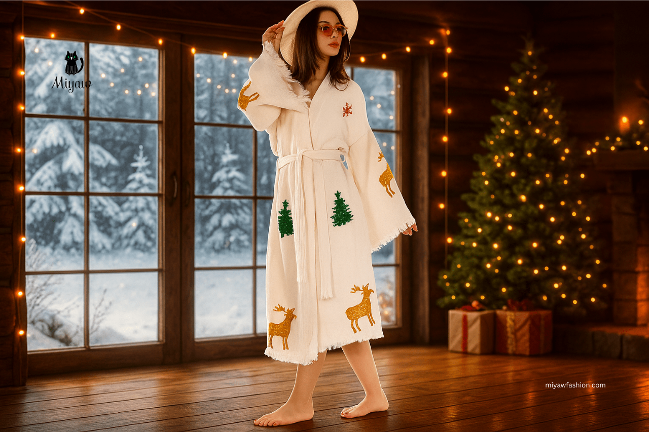 A softly lit, cozy winter morning scene. The woman stands barefoot on a warm wooden floor inside a rustic holiday cabin