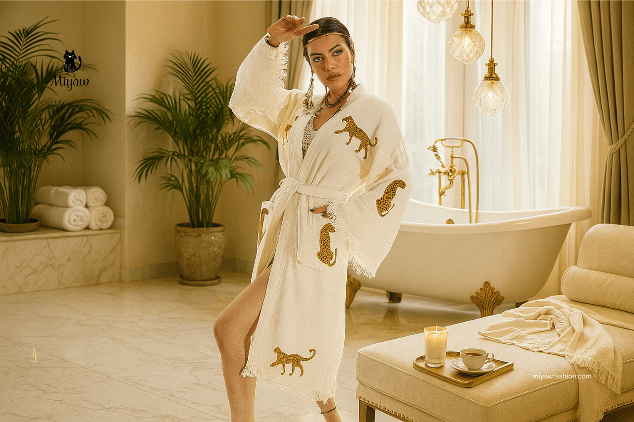 Elegant luxury bathrobe for women shown in a chic spa-inspired interior with marble, greenery, and cozy accents for ultimate comfort.