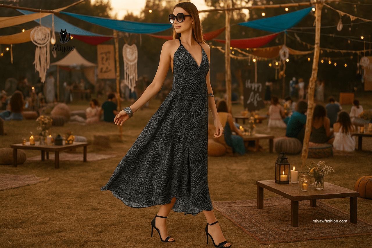 Boho festival scene with rustic decor, pampas grass, rugs, and chic dresses