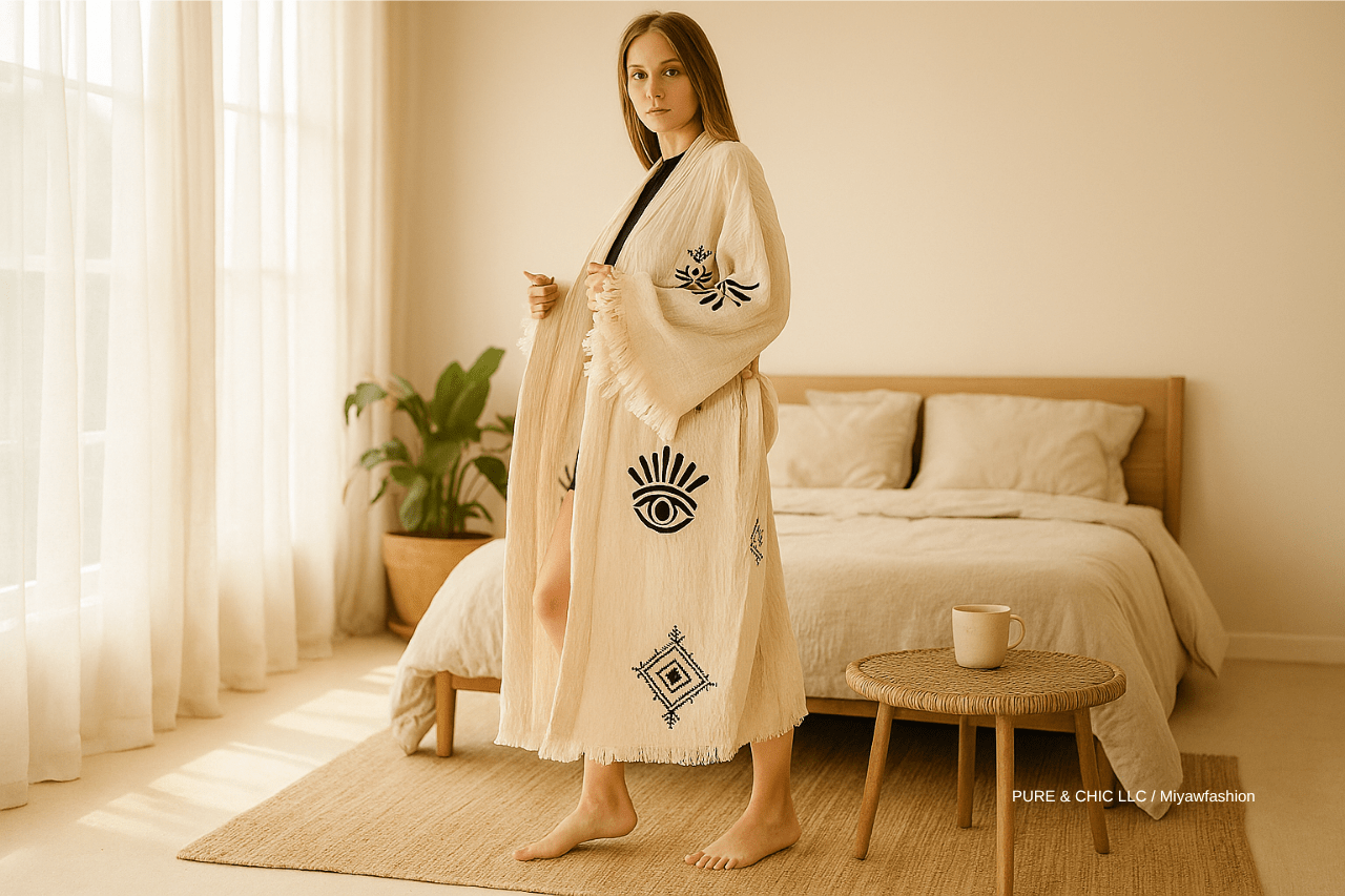 A woman in a cozy cotton robe stands beside a freshly made bed with neutral-toned linen bedding.