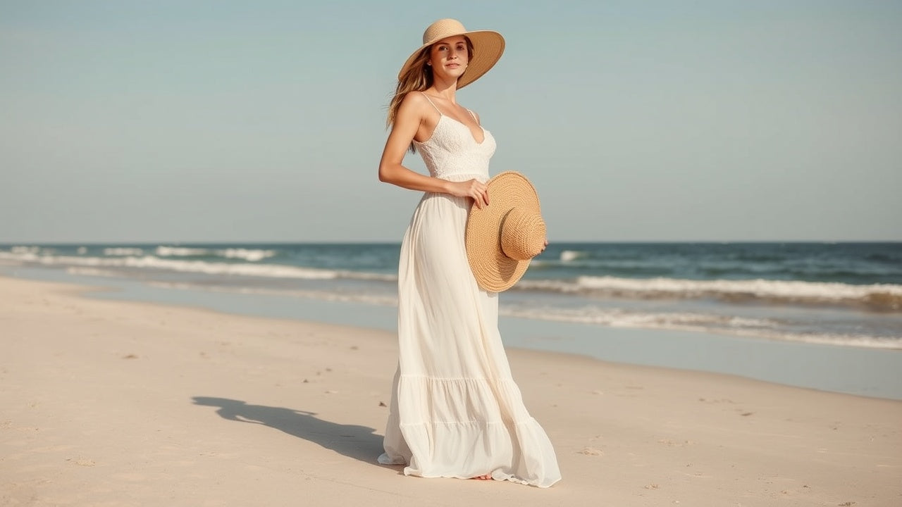 A woman in a flowing maxi dress stands on a sandy beach, holding a wide-brimmed hat.