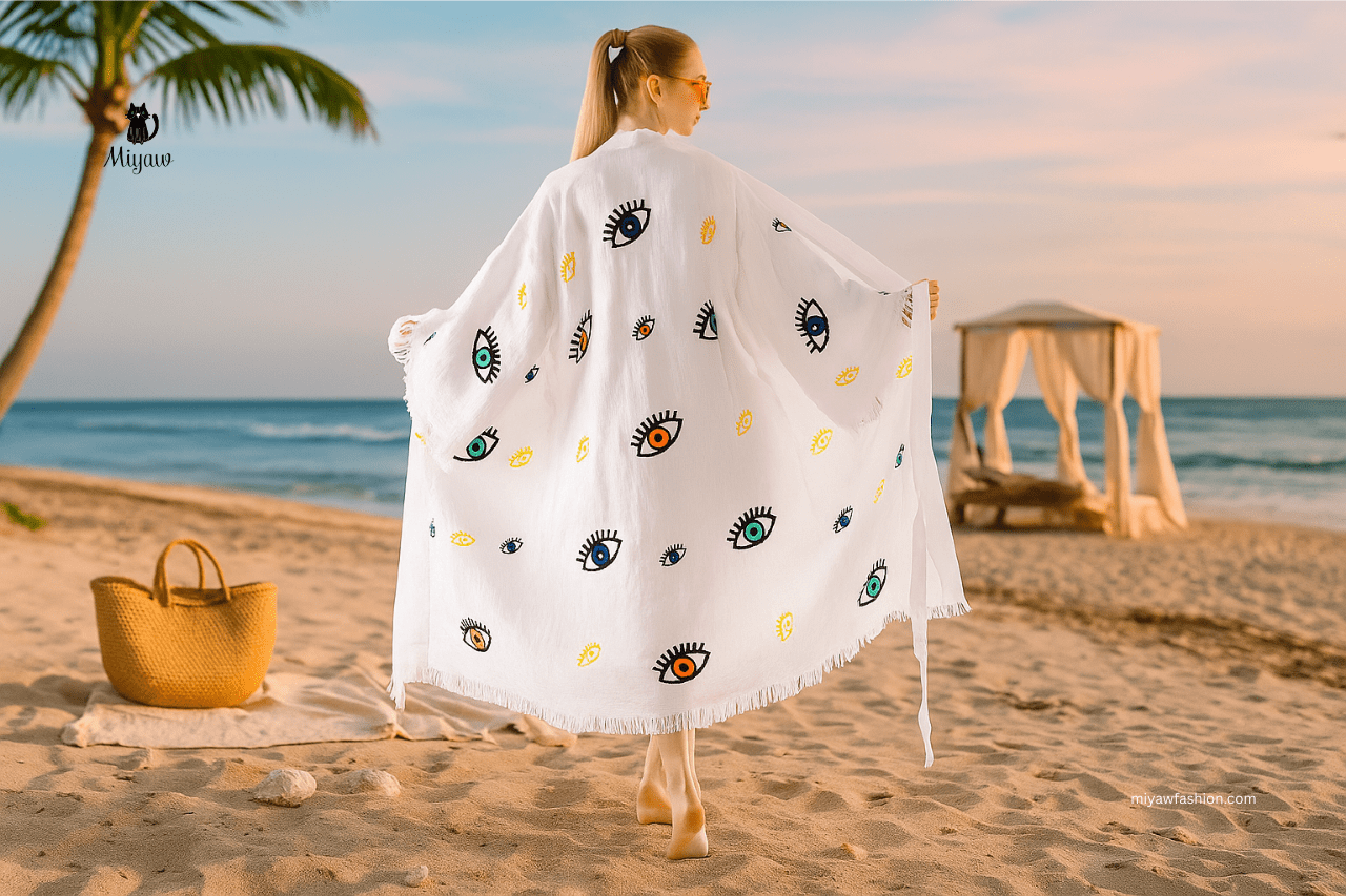 The woman stands confidently near the shoreline, barefoot, with her elegant organic cotton beach cover up bathing suit catching the light wind