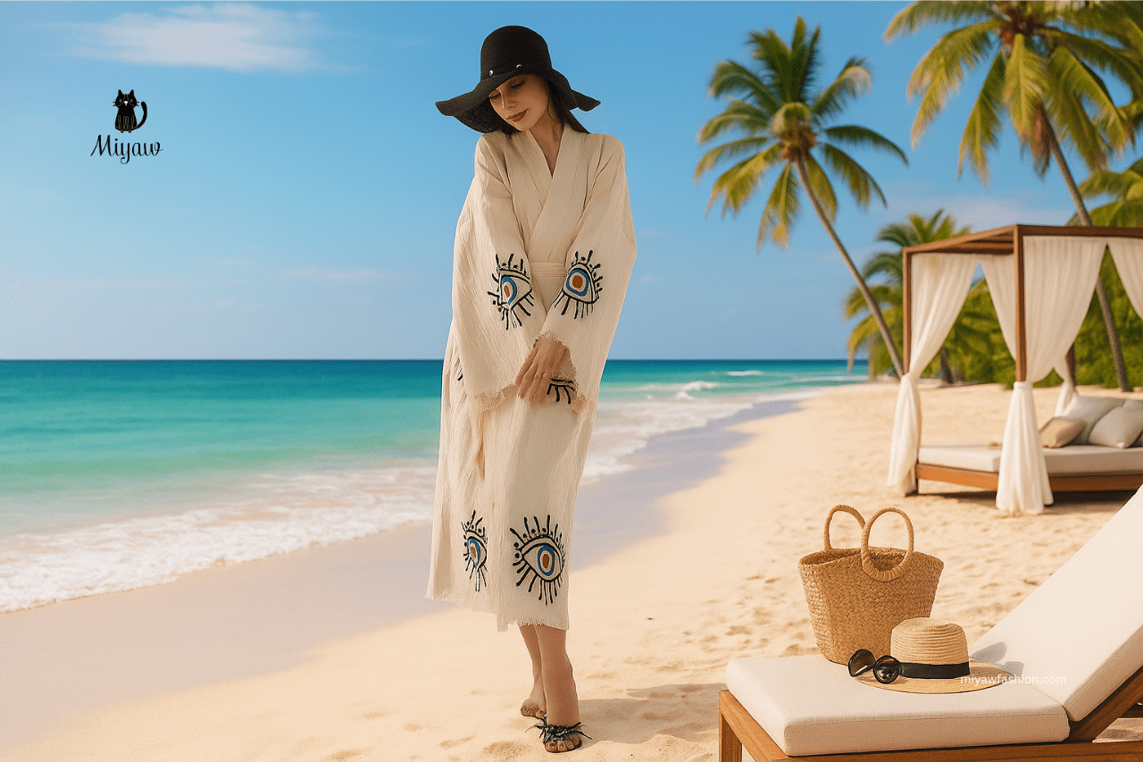 A woman wearing a bathing suit cover up with an evil eye design from Miyawfashion is standing on the beach.