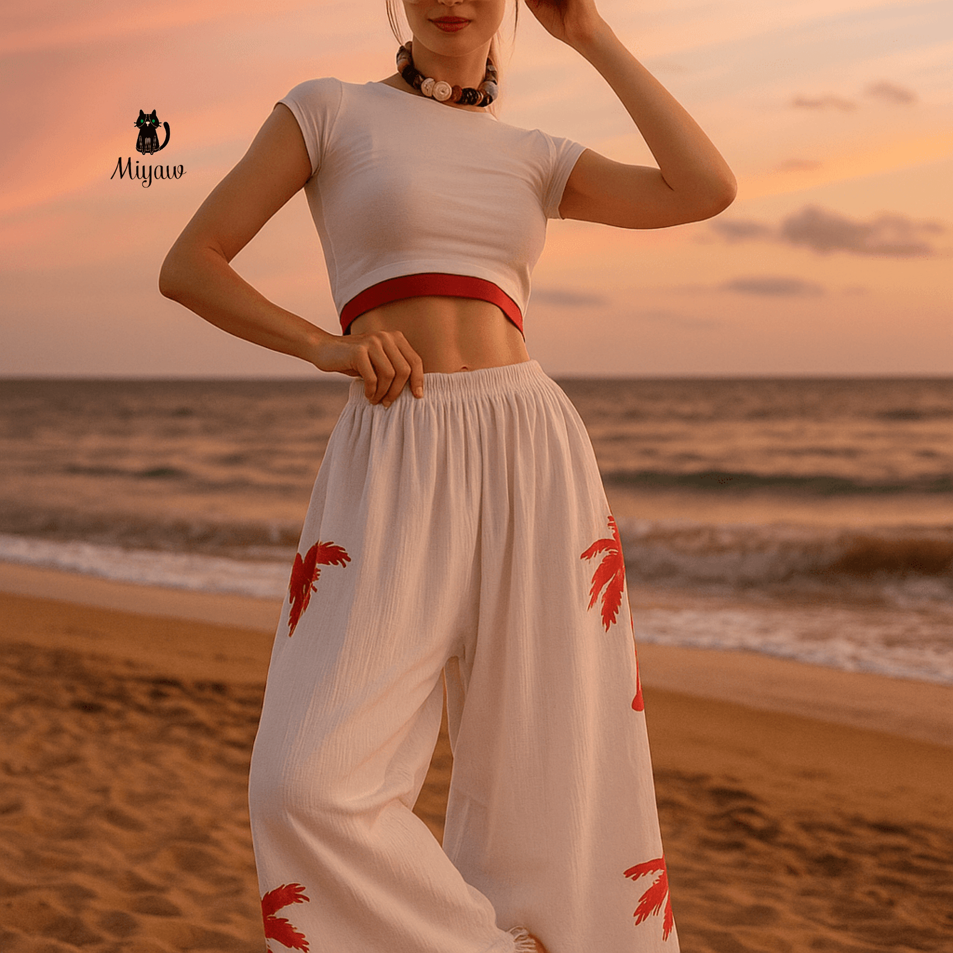 Wholesale Cotton Pants Yoga - Palm Tree Print Cotton Pants by Miyawfashion