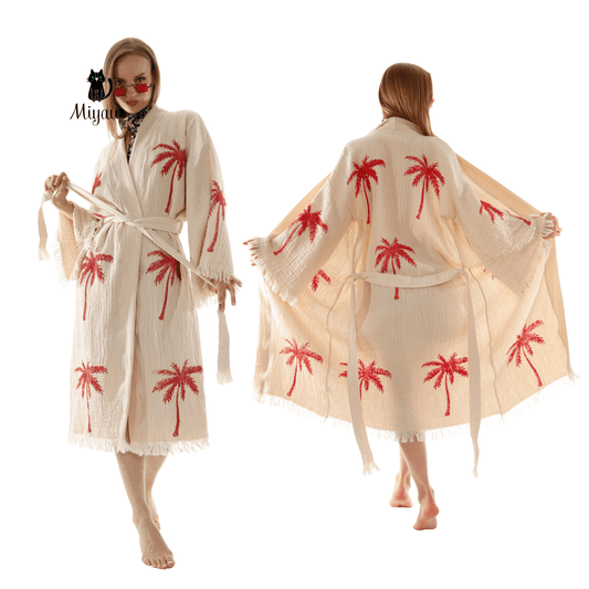 Red Palm Tree Kimonos – Soft Cotton Kimono Robe for Effortless Style