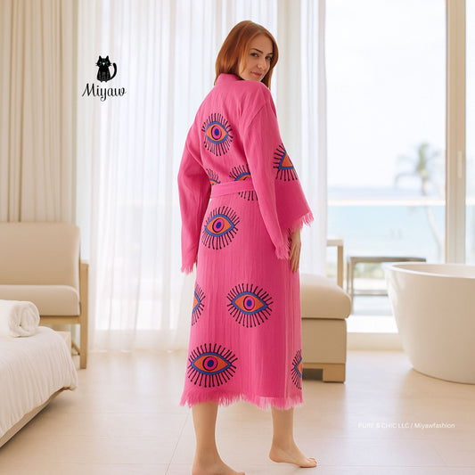 Pink Evil Eye Cotton Bathrobe – Boho Protective Kimono Robe