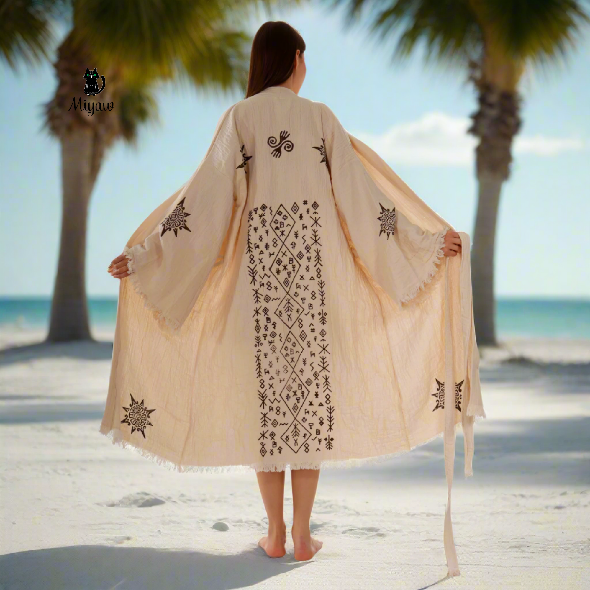 Aztec Robe Organic Cotton Aztec Kimono Robe – Boho Beige Cover-Up