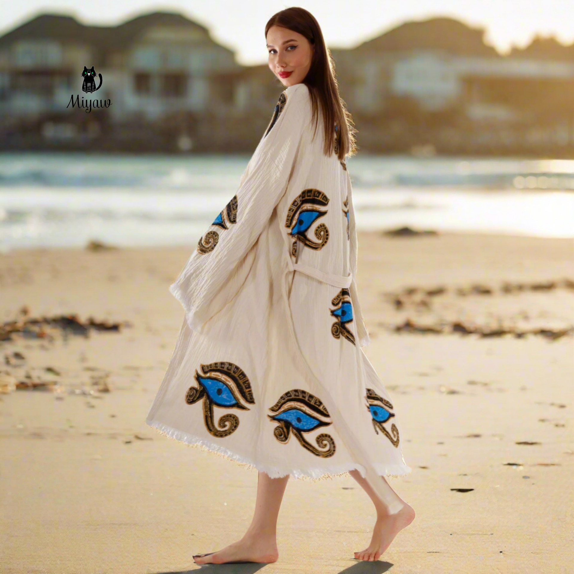 Handcrafted Eye of Horus Kimono Robe – Organic Cotton Boho Style in Beige