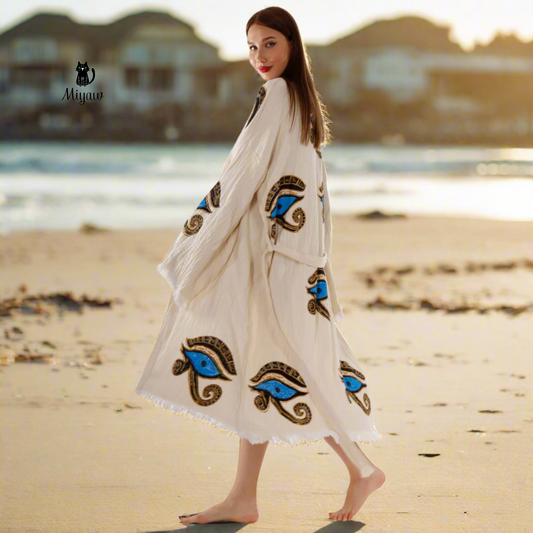 Handcrafted Eye of Horus Kimono Robe – Organic Cotton Boho Style in Beige