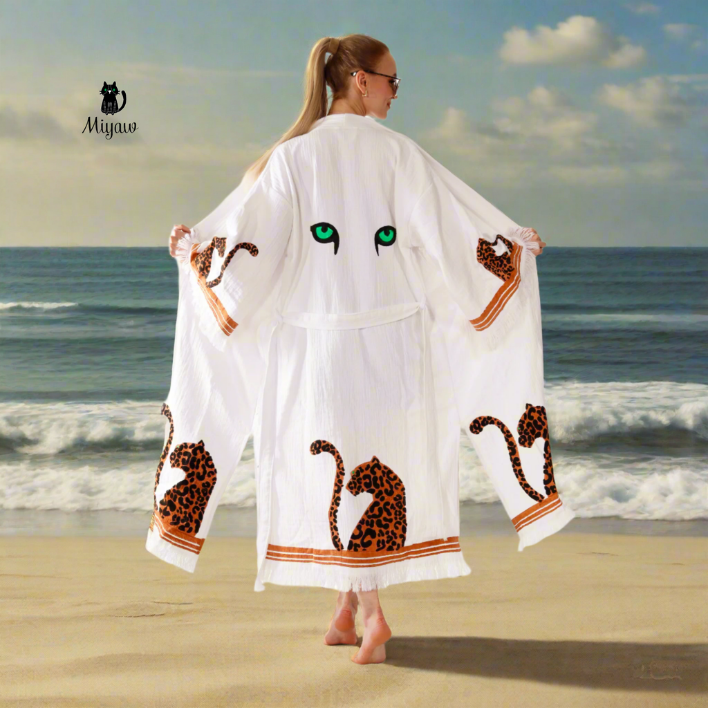 Leopard Print Kimono Robe in White – Cotton Beachwear