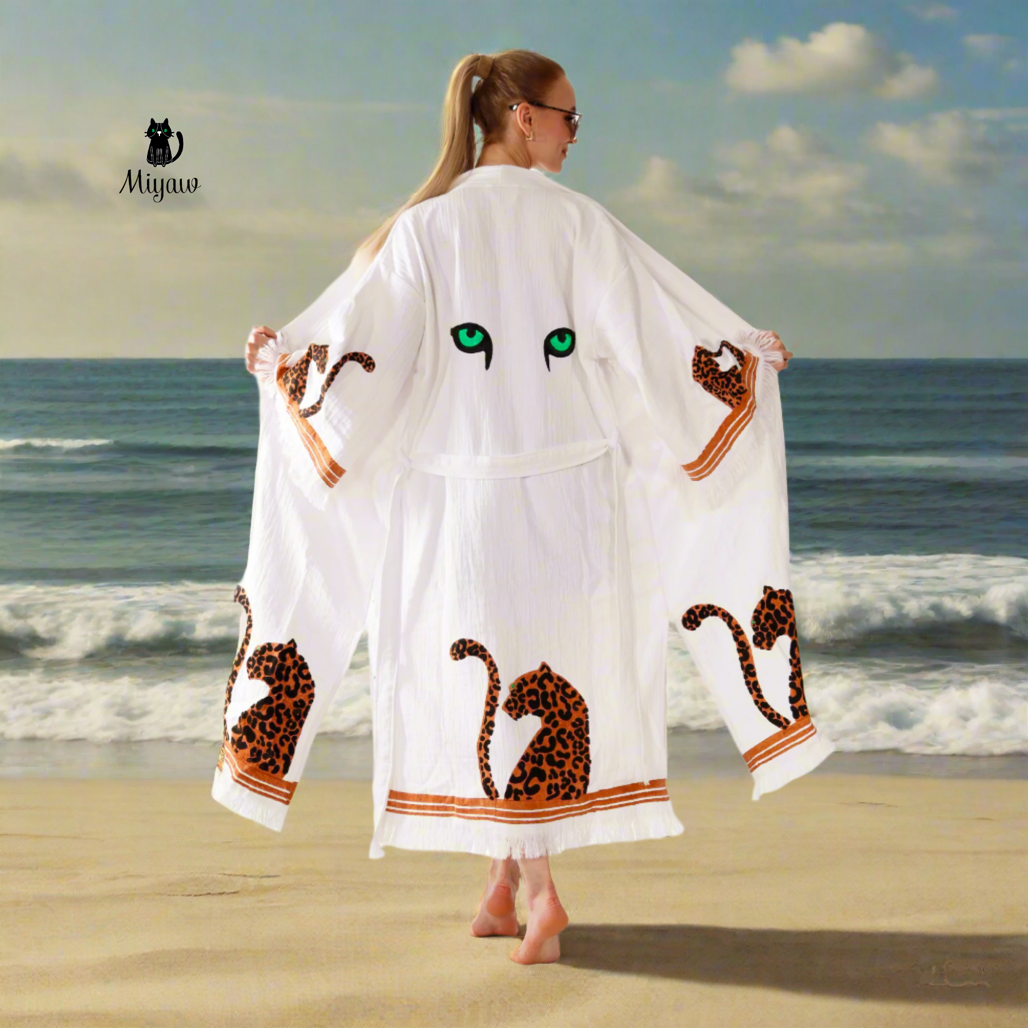 White Boho Leopard Kimono Robe – Organic Cotton Beachwear