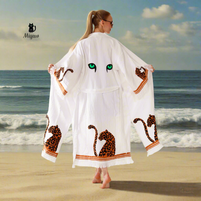 White Boho Leopard Kimono Robe – Organic Cotton Beachwear