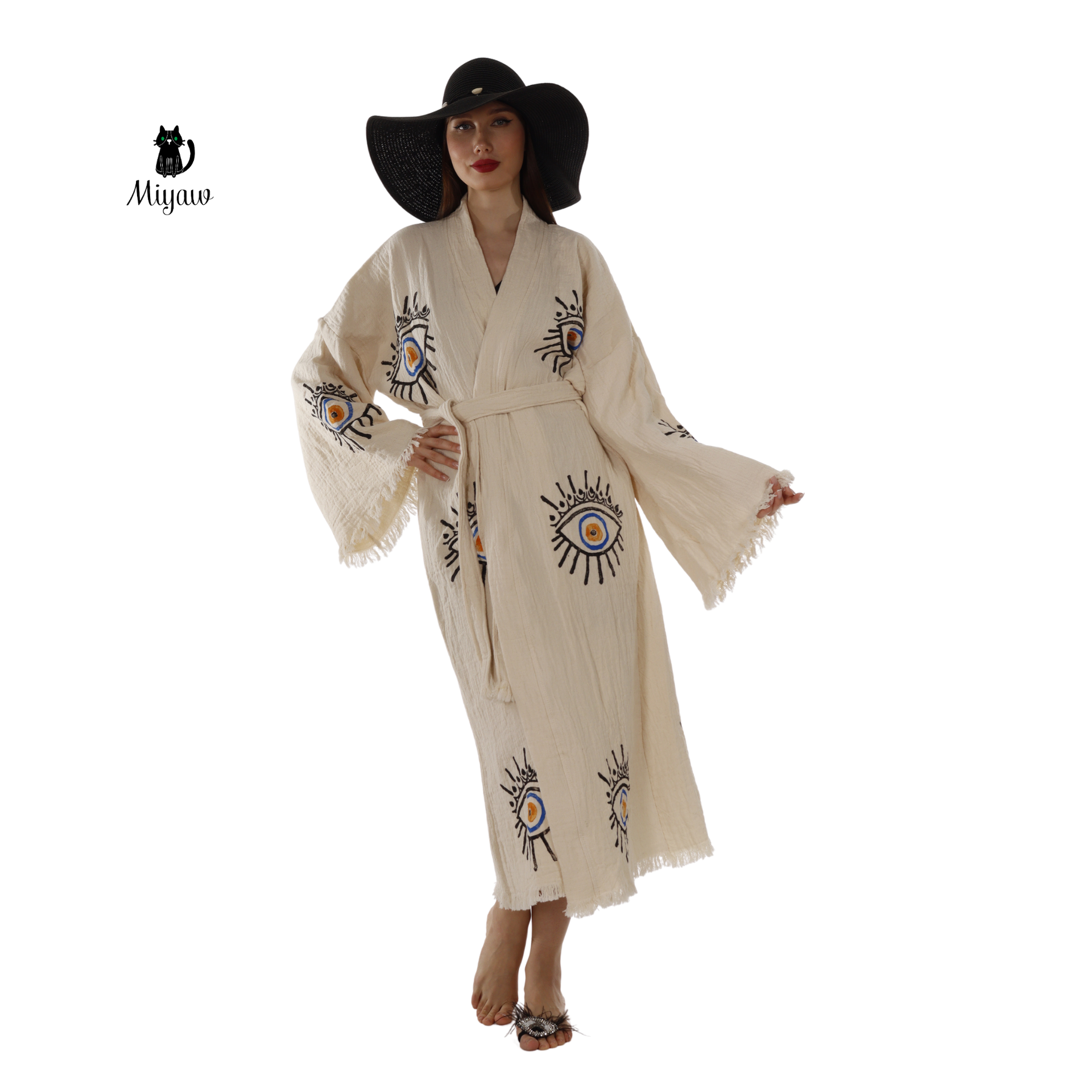 Handmade Beige Evil Eye Kimono Robe – Organic Cotton Boho Wear