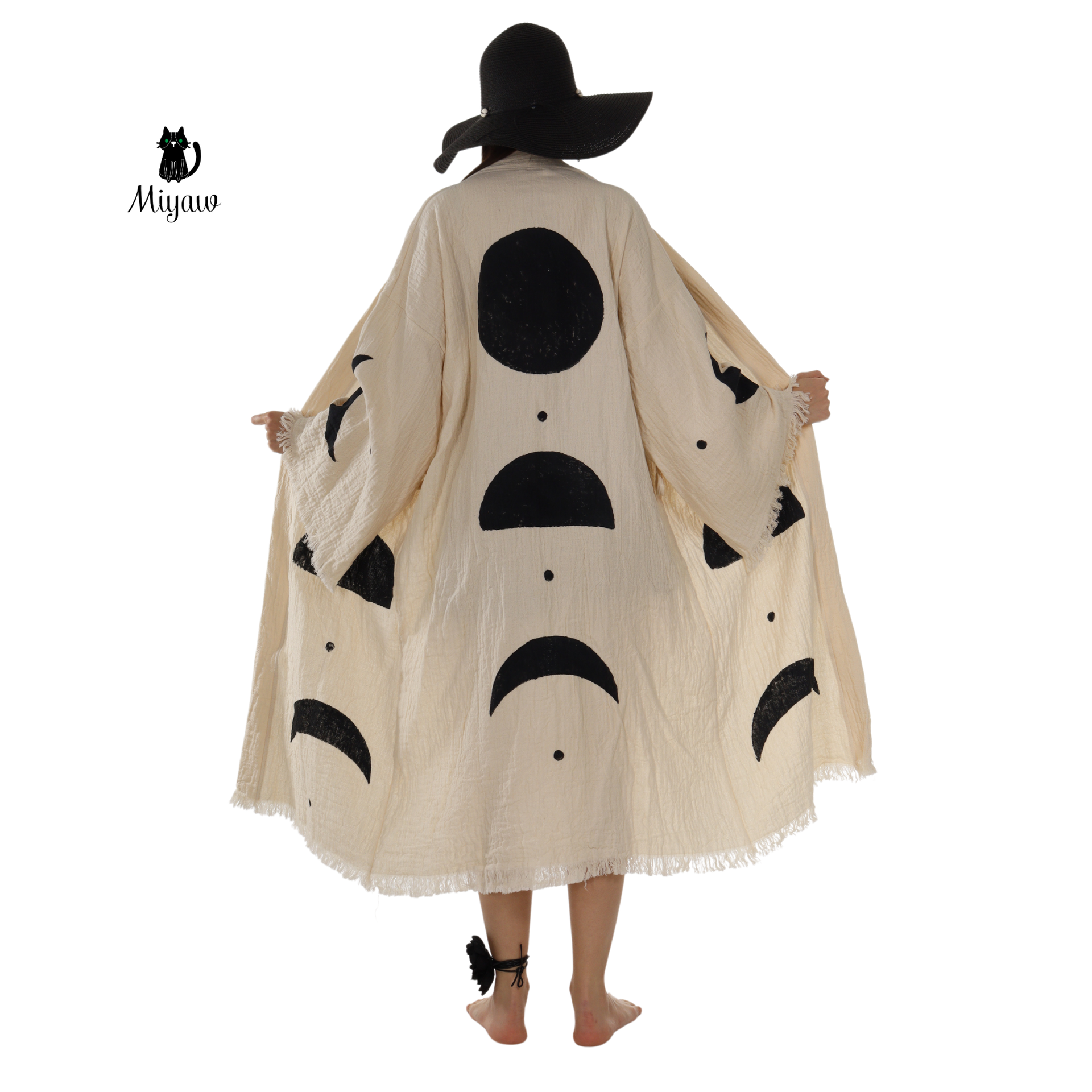 Natural Organic Cotton Kimono Robe with Black Circles