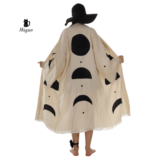 Natural Organic Cotton Kimono Robe with Black Circles
