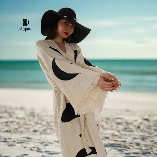 Natural Organic Cotton Kimono Robe with Black Circles