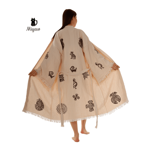 Aztec bathrobe in long lightweight plush fleece with hood, full length sleeves, tribal print, and pockets for women’s cozy loungewear and winter spa robe