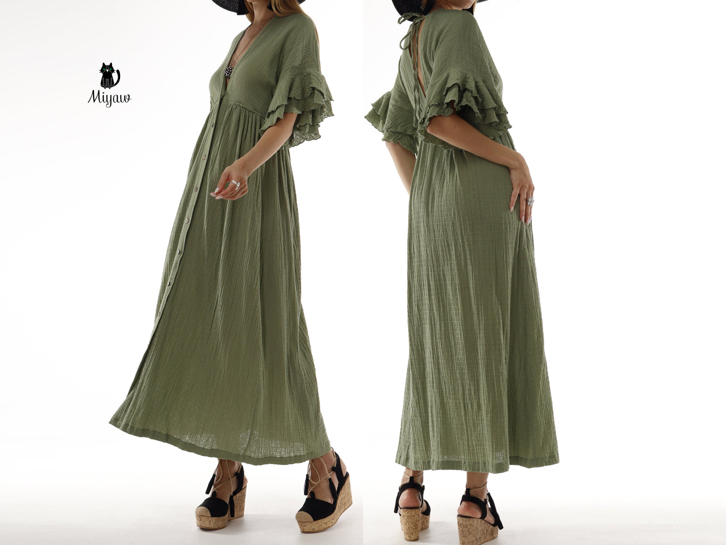 Green Boho Maxi Dress - V-Neck Organic Cotton Beach Wedding Dress - Miyawfashion Miyawfashion