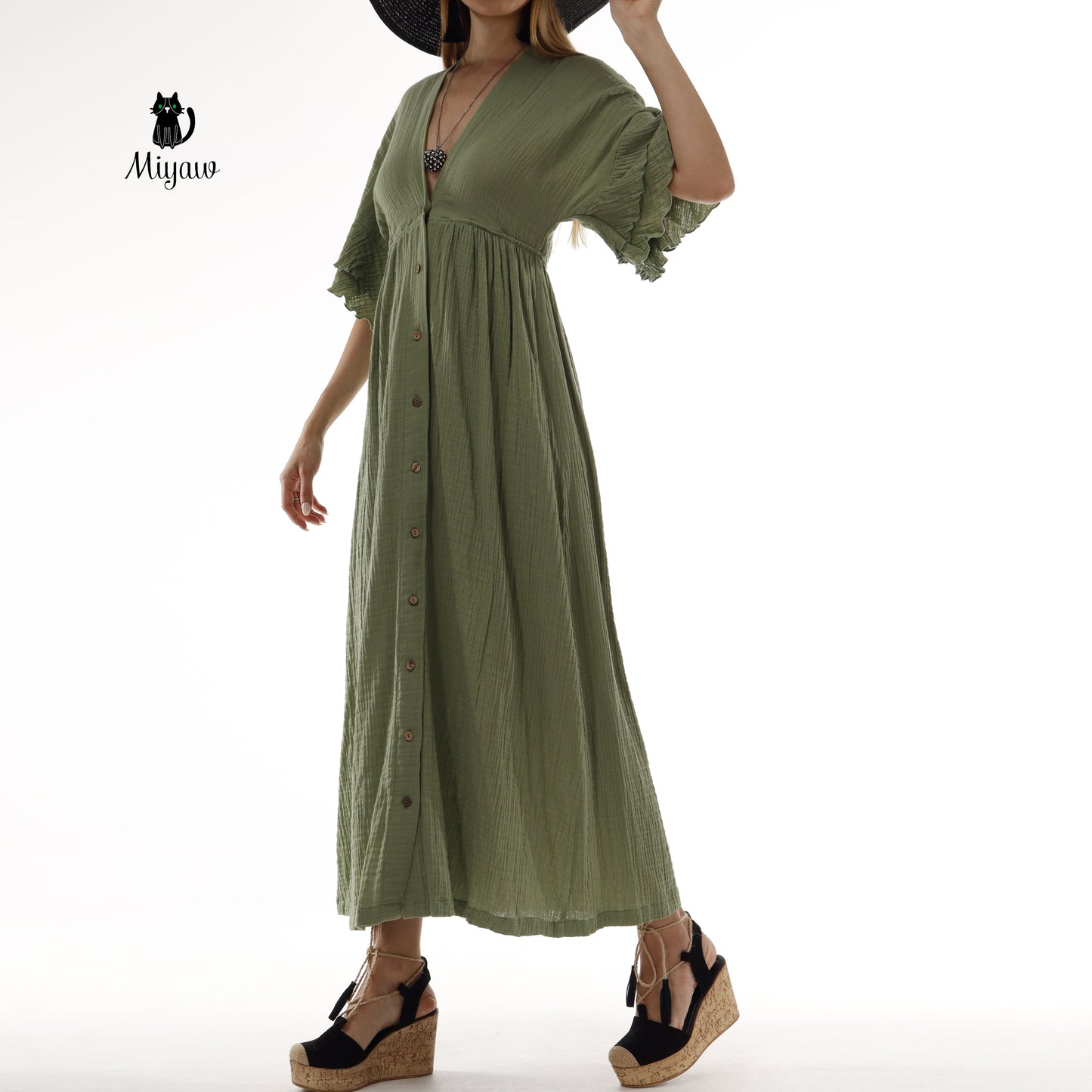 Green Boho Maxi Dress - V-Neck Organic Cotton Beach Wedding Dress - Miyawfashion Miyawfashion