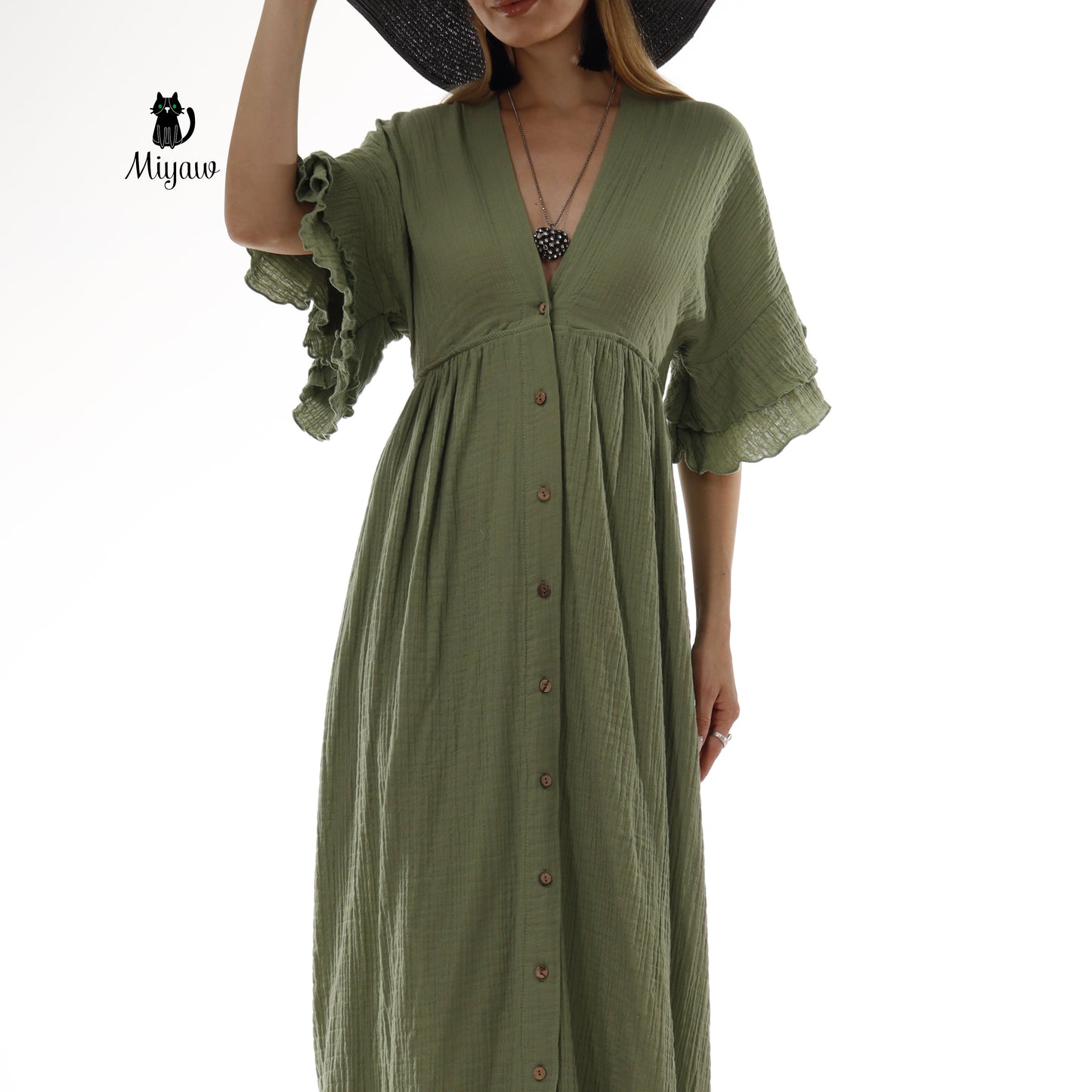 Green Boho Maxi Dress - V-Neck Organic Cotton Beach Wedding Dress - Miyawfashion Miyawfashion