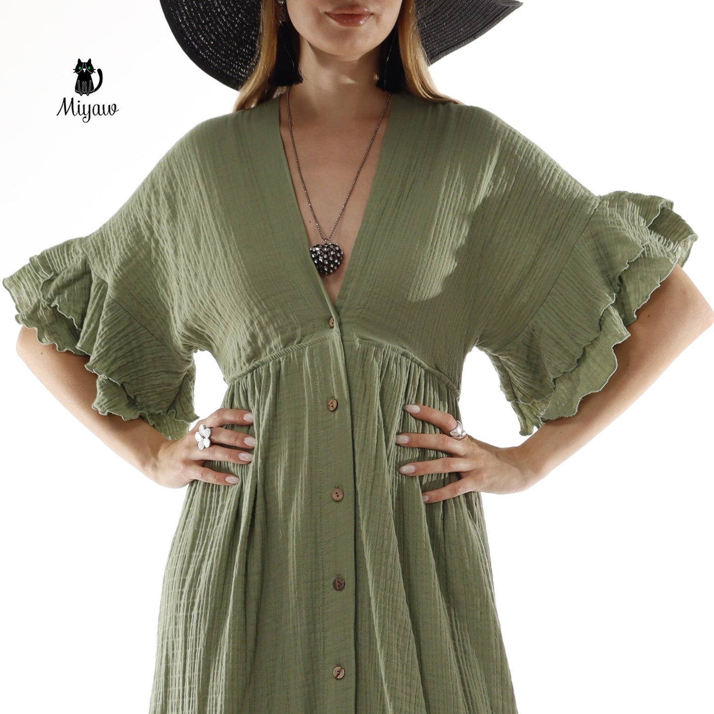 Green Boho Maxi Dress - Cotton Beach Wedding Dress Miyawfashion