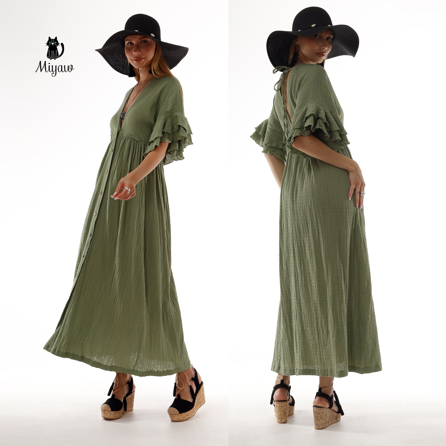 Green Boho Maxi Dress - Cotton Beach Wedding Dress Miyawfashion