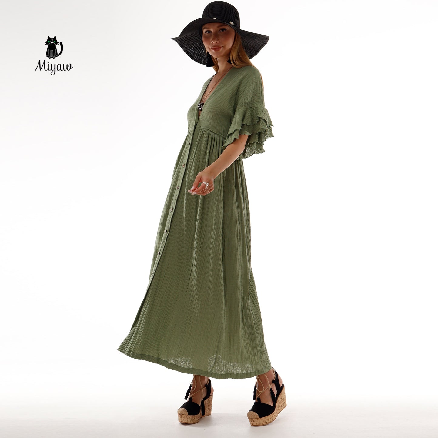 Green Boho Maxi Dress - Cotton Beach Wedding Dress Miyawfashion