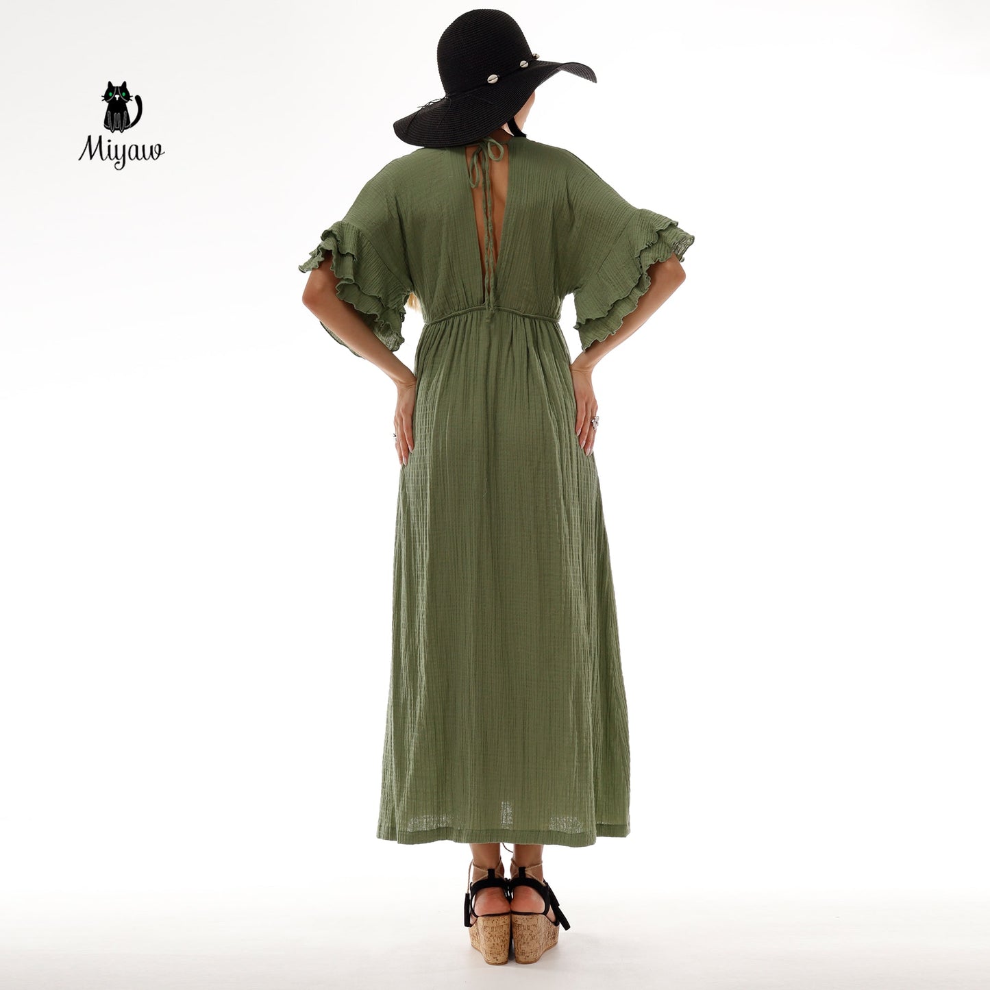 Green Boho Maxi Dress - Cotton Beach Wedding Dress Miyawfashion