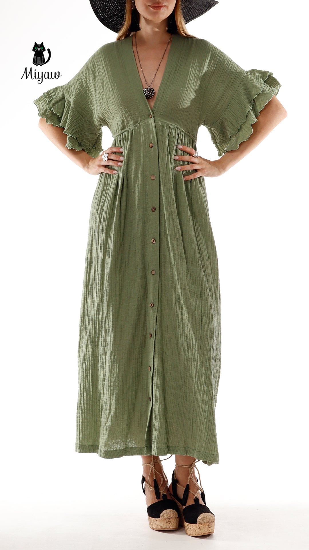 Green Boho Maxi Dress - Cotton Beach Wedding Dress Miyawfashion