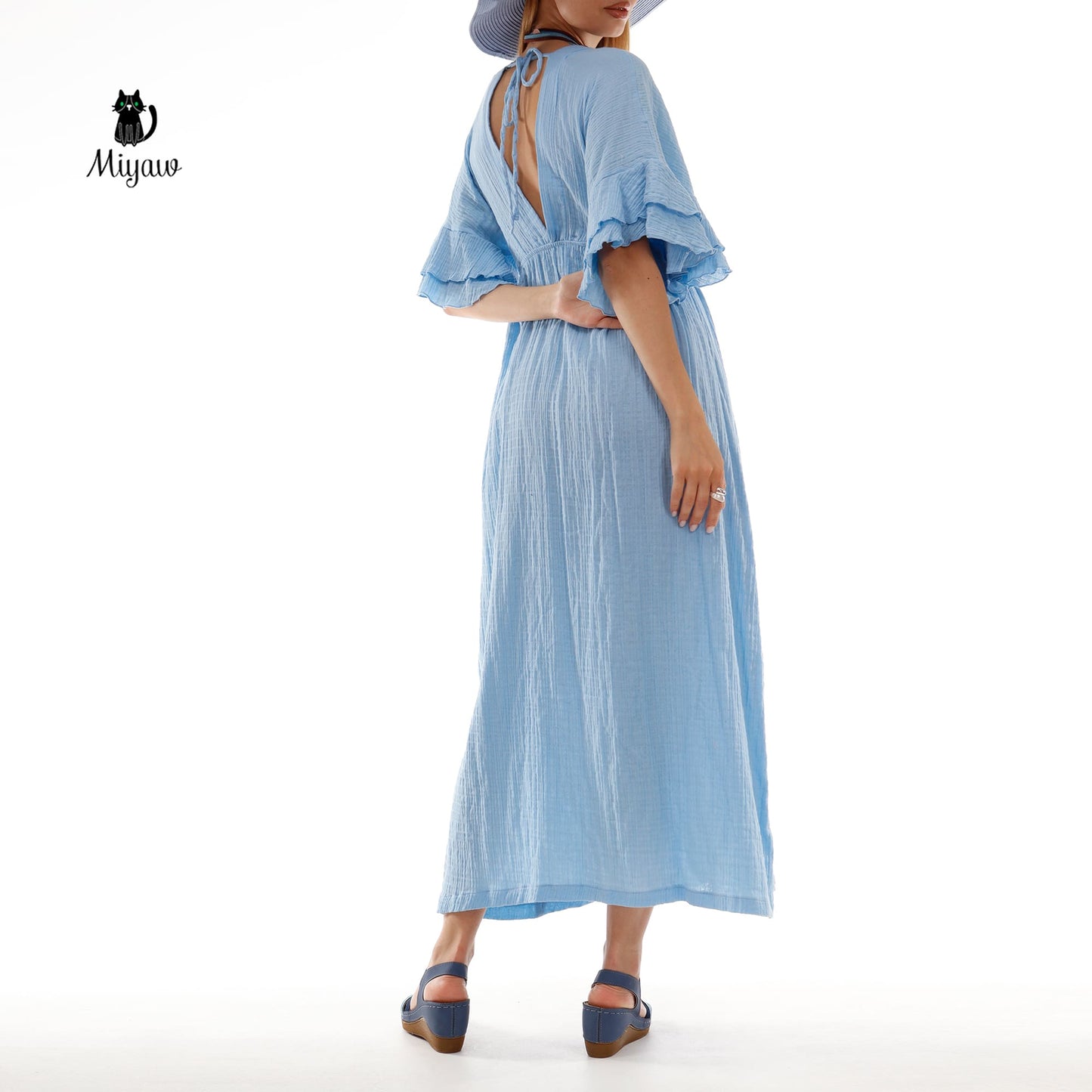 Boho Maxi Dress, Bohemian Blue Cotton Dress Miyawfashion