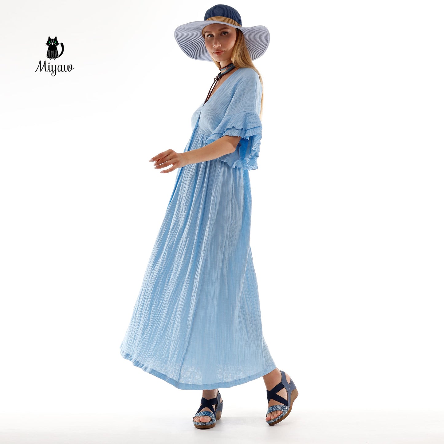 Boho Maxi Dress, Bohemian Blue Cotton Dress Miyawfashion