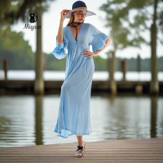 Boho Maxi Dress, Bohemian Blue Cotton Dress