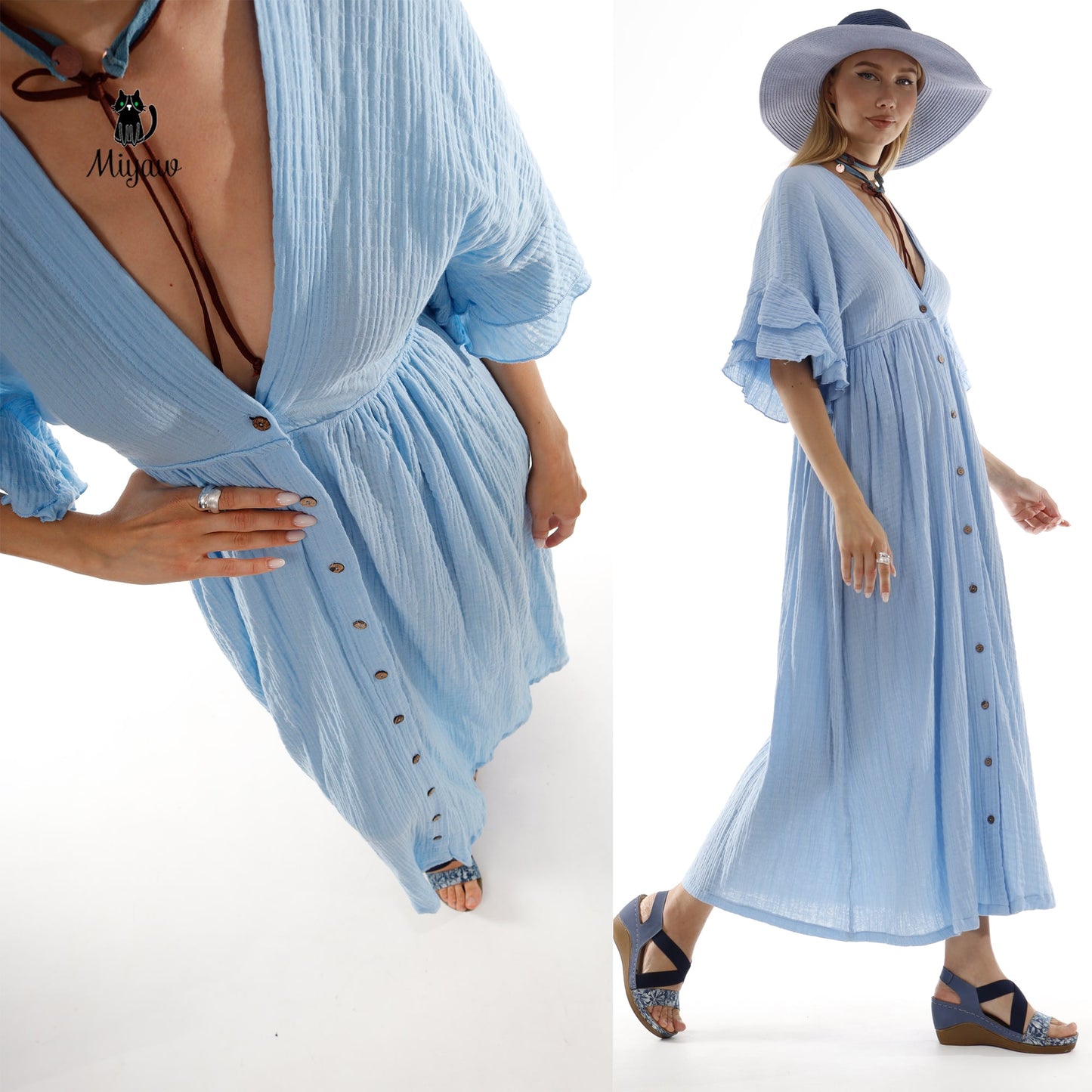 Boho Maxi Dress, Bohemian Blue Cotton Dress Miyawfashion