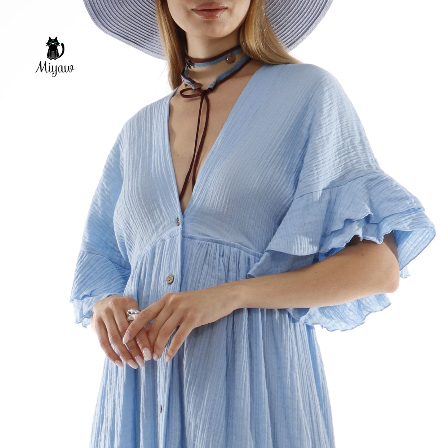 Boho Maxi Dress, Bohemian Blue Cotton Dress Miyawfashion