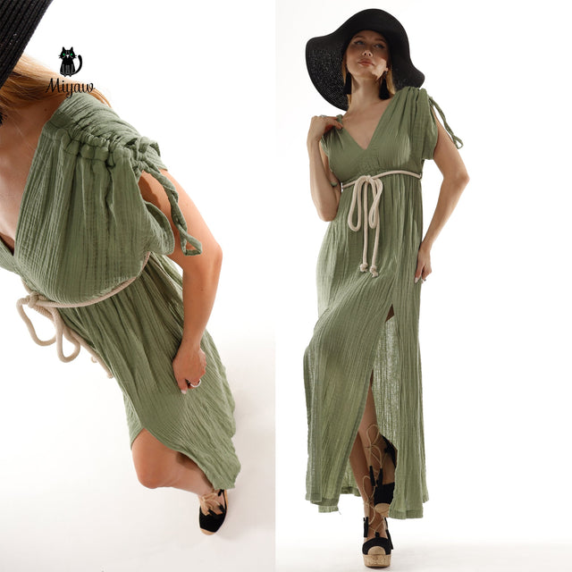 Short Sleeve Boho V Neck Dress, Bohemian Cotton Dress for Wholesale