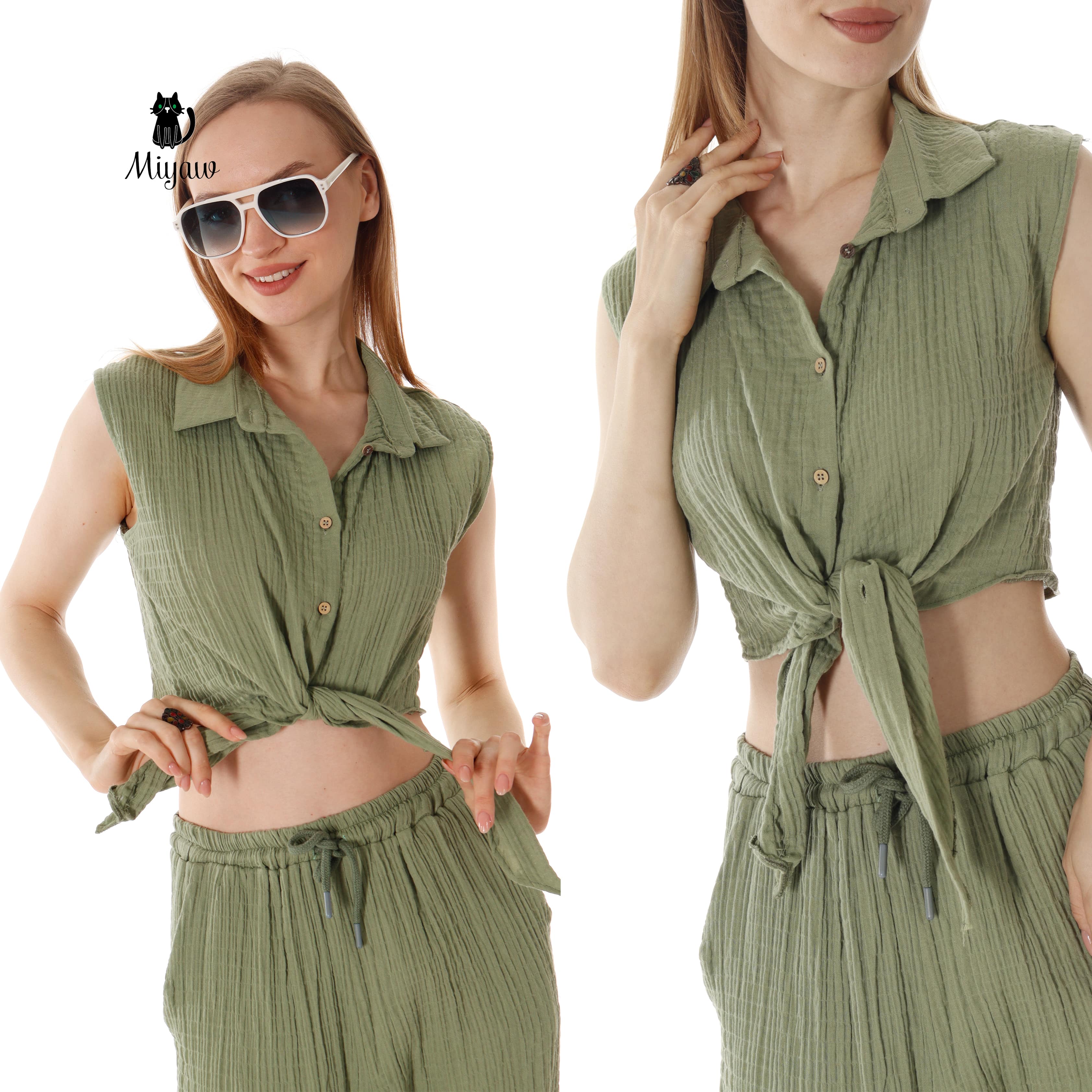 Wholesale Cotton Button-Up Crop Top and Pants Outfits Set