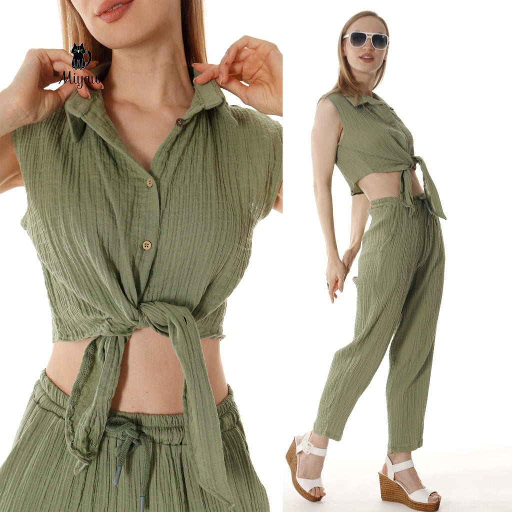 Wholesale Cotton Button-Up Crop Top and Pants Outfits Set