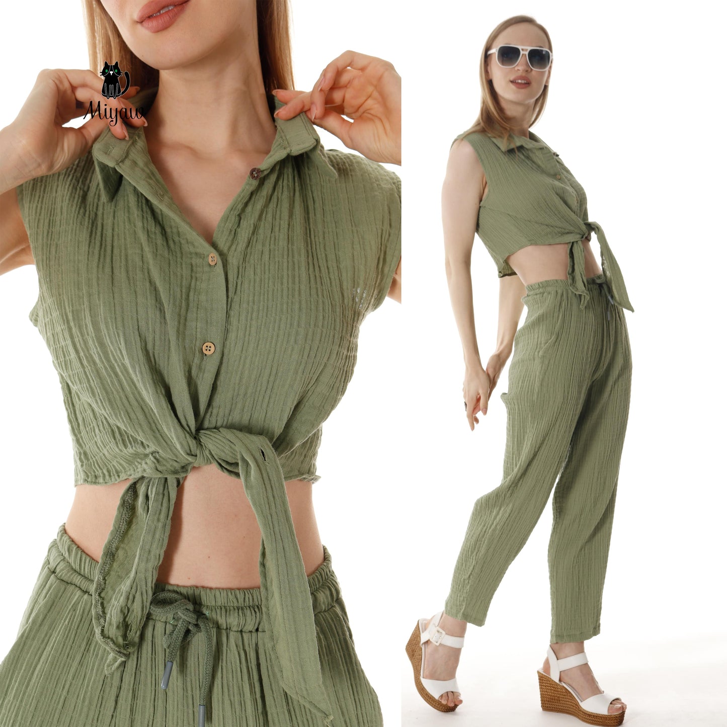 Wholesale Cotton Button-Up Crop Top and Pants Outfits Set for Women Miyawfashion