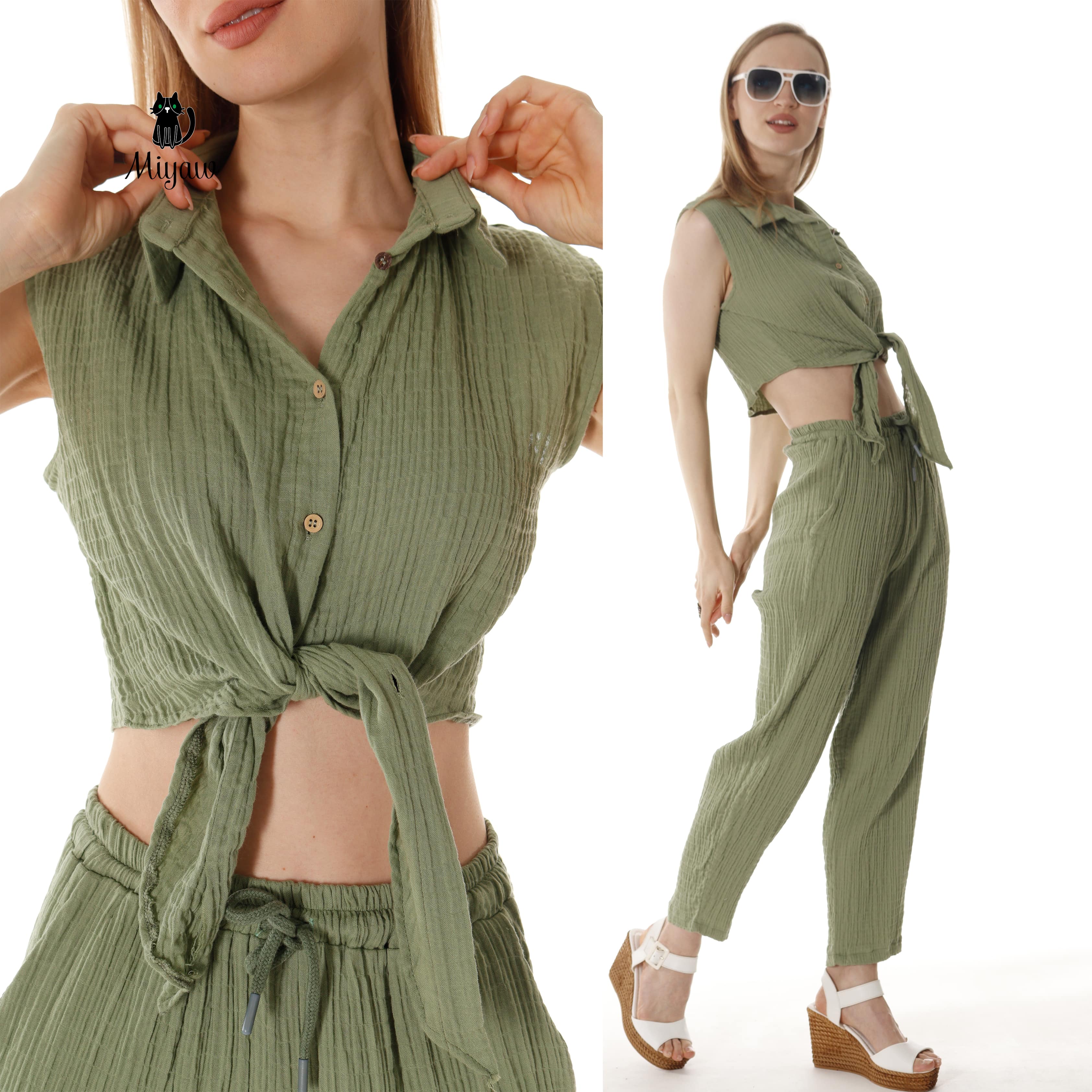 Wholesale Cotton Button-Up Crop Top and Pants Outfits Set