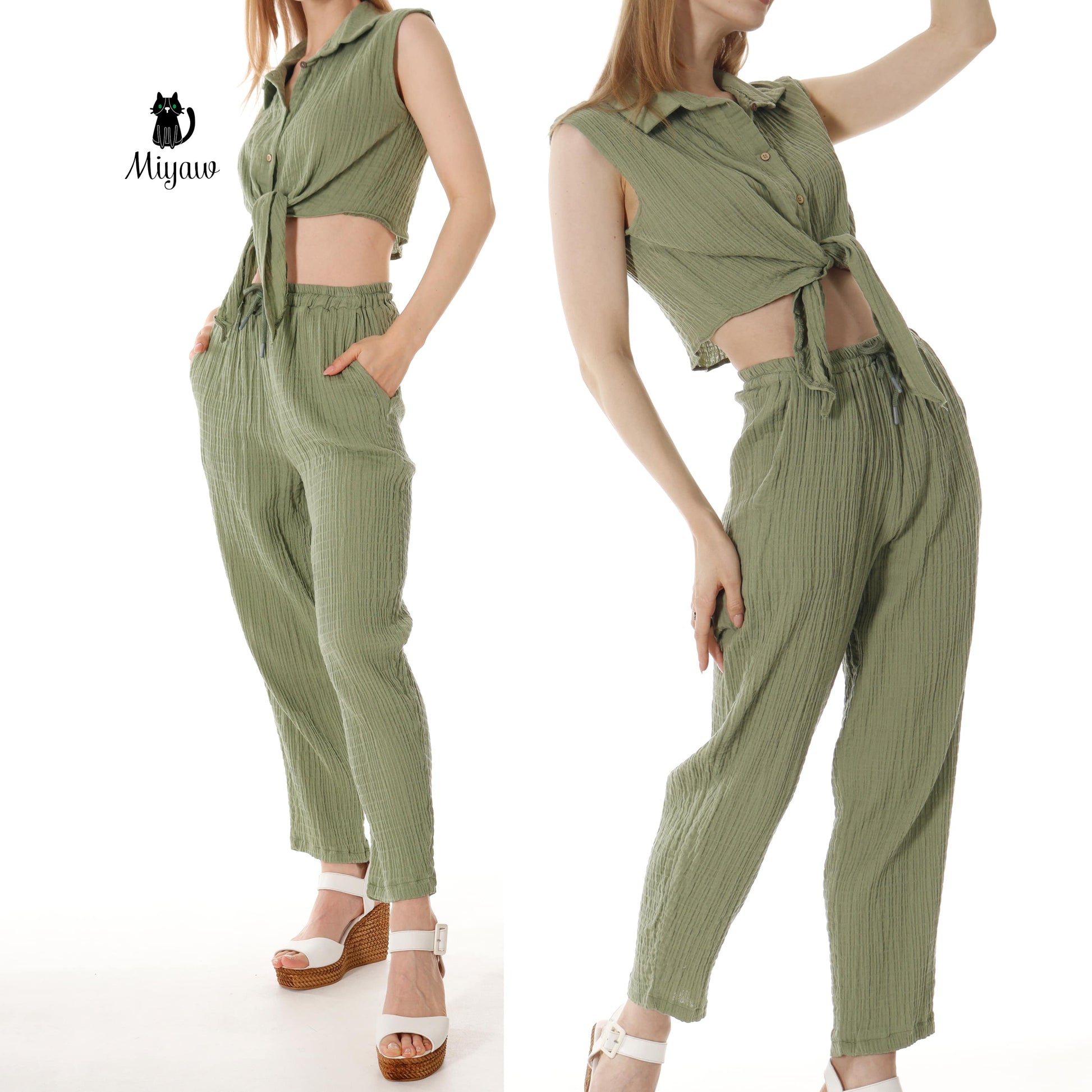 Wholesale Cotton Button-Up Crop Top and Pants Outfits Set for Women