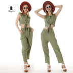 Wholesale Cotton Button-Up Crop Top and Pants Outfits Set