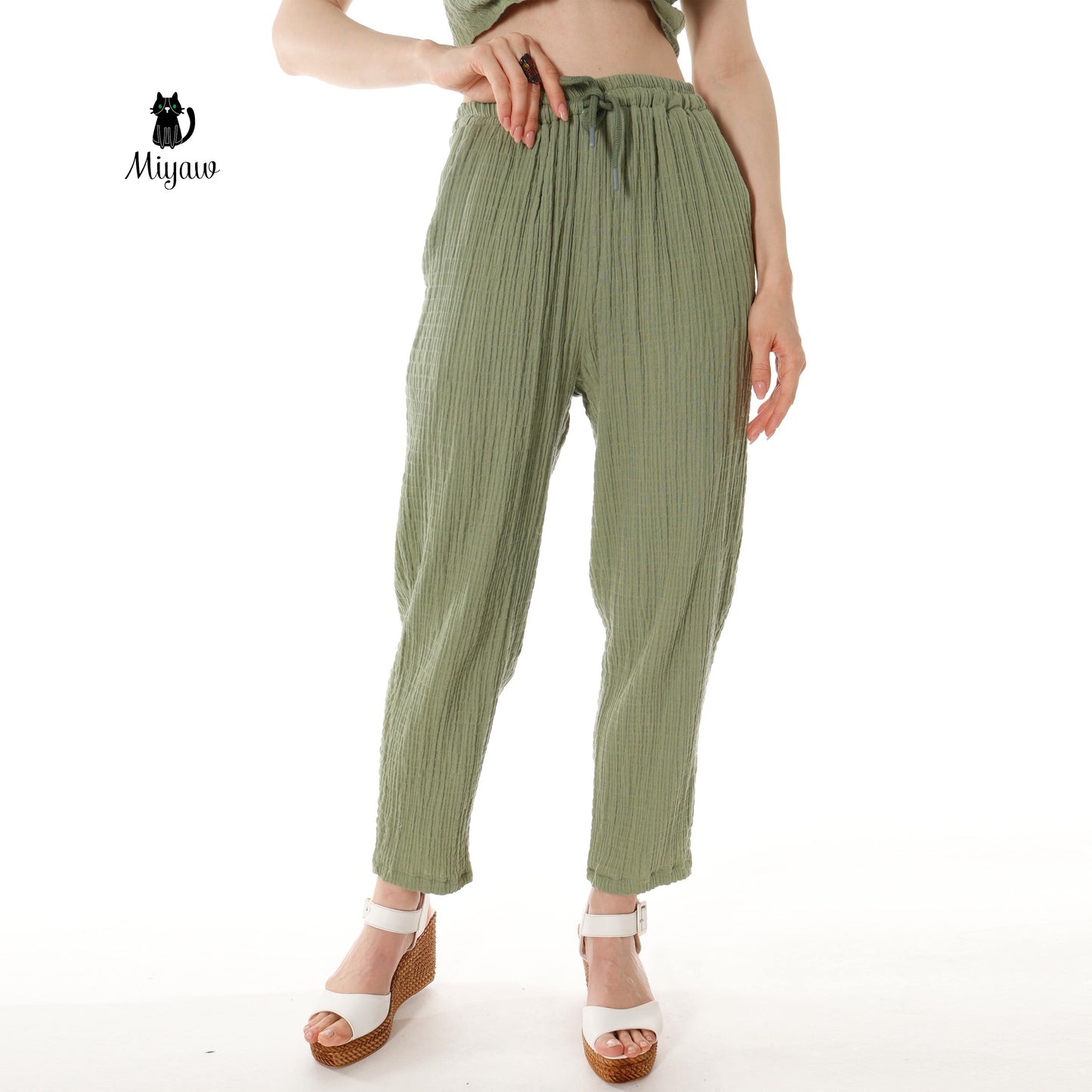 Wholesale Cotton Button-Up Crop Top and Pants Outfits Set for Women Miyawfashion