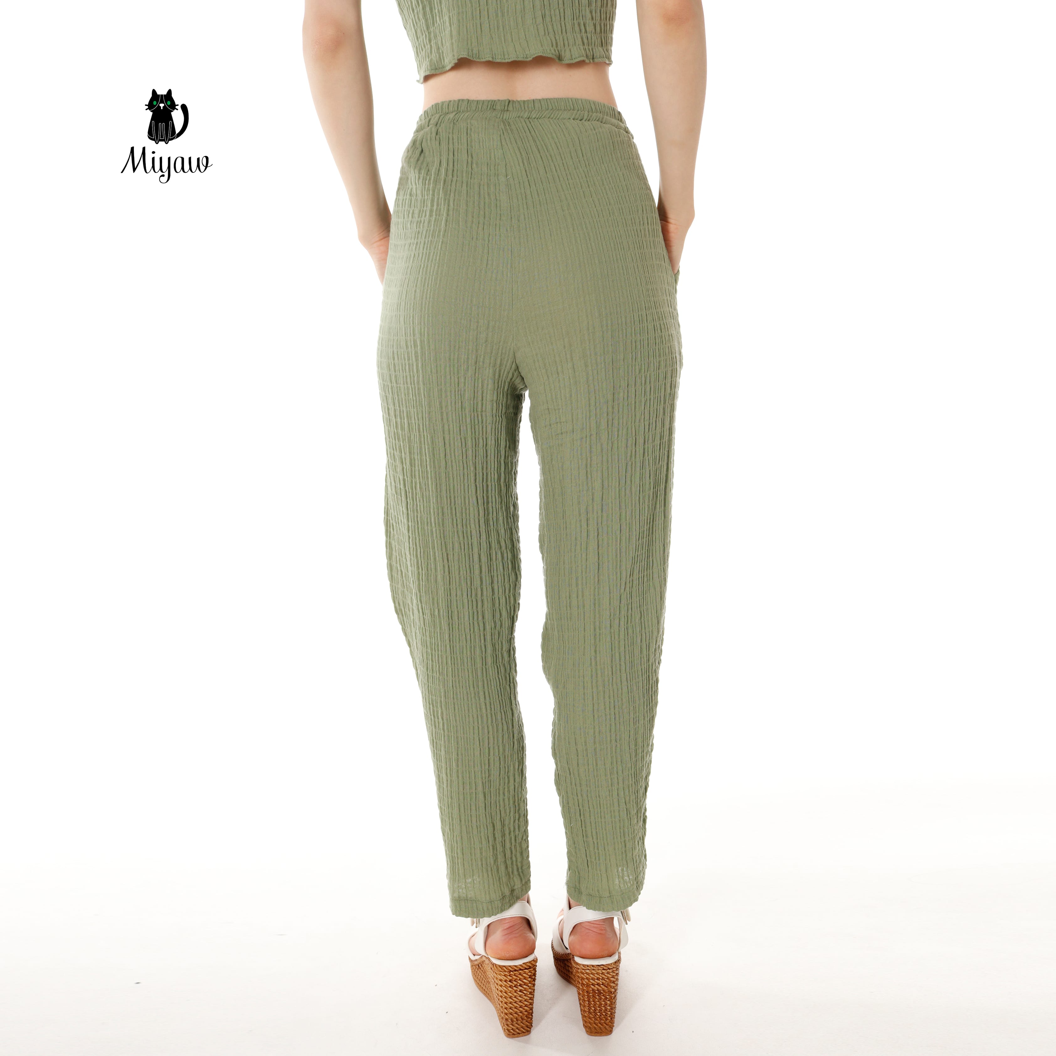 Wholesale Cotton Button-Up Crop Top and Pants Outfits Set